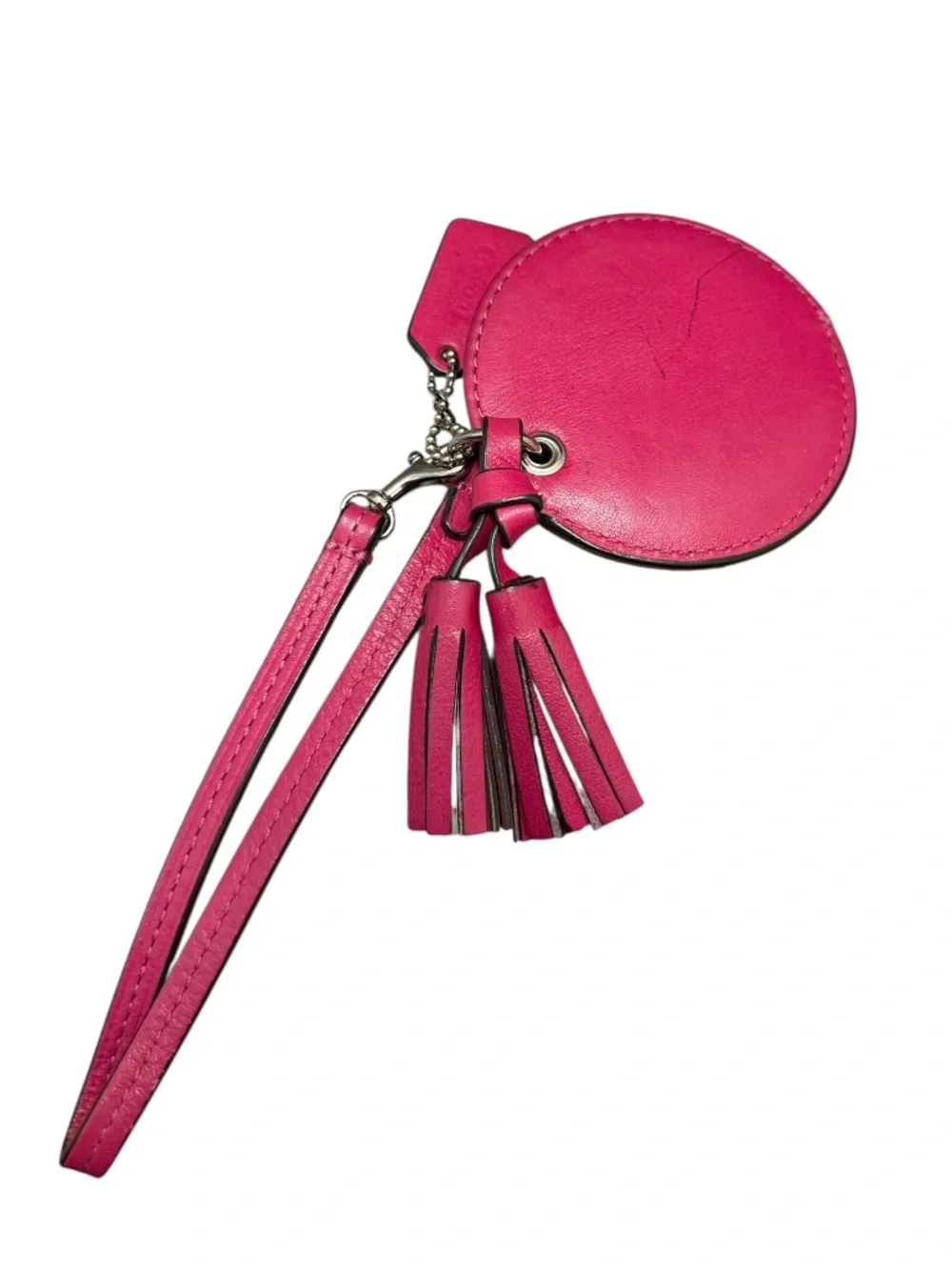 COACH Tassel Mirror Bag Charm Leather Keychain Purse Ring Pink